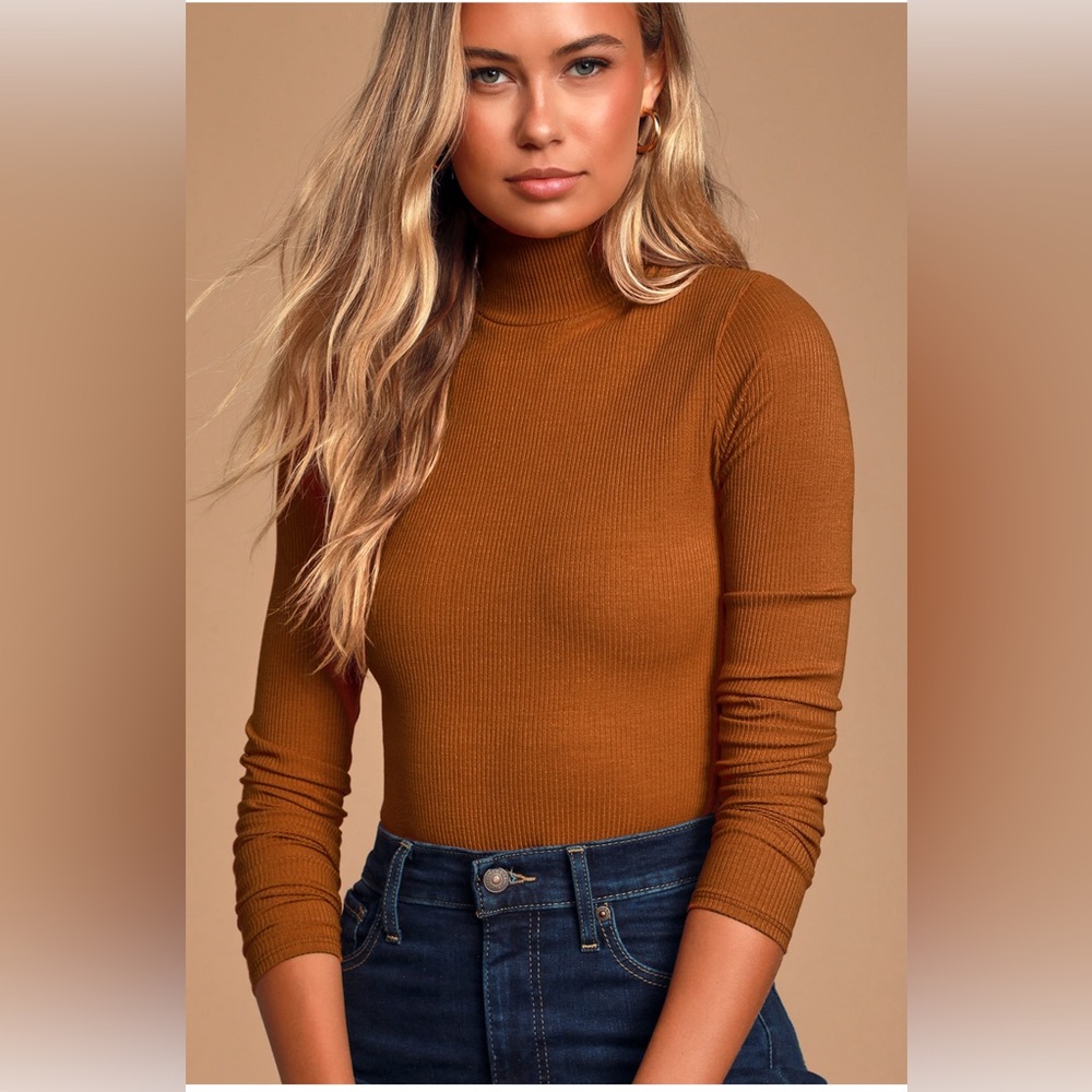 Wilde Rust Orange Ribbed Long Sleeve Mock Neck Bodysuit